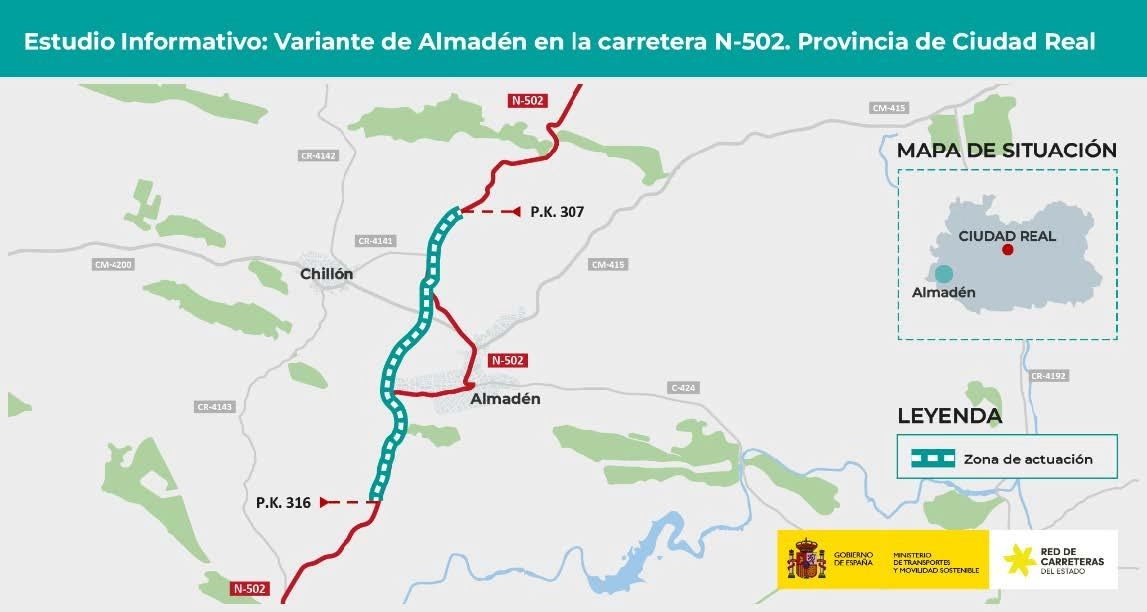 Imagen del artículo Transportes licita la redacción del Estudio Informativo de la Variante de Almadén en la N-502 en Ciudad Real