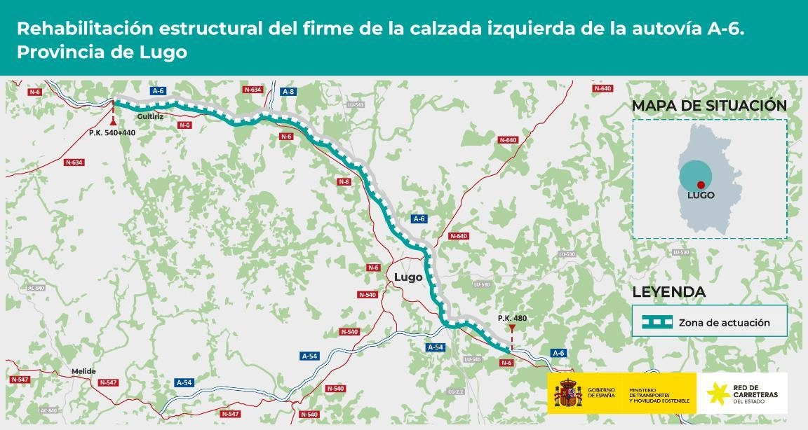 Imagen del artículo Transportes licita por 30,46 millones de euros las obras para rehabilitar 60,4 km de firme de la A-6 entre O Corgo y Guitiriz