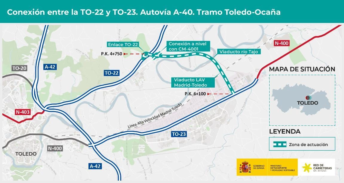 Imagen del artículo Transportes licita por 915.952 euros la redacción del proyecto del ramal de conexión entre la TO-22 y la TO-23 del tramo Toledo-Ocaña de la A-40