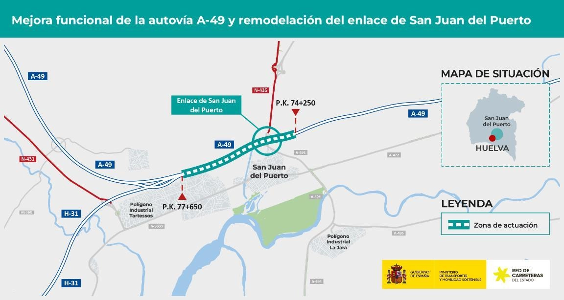 Imagen del artículo Transportes licita el proyecto para mejorar la funcionalidad y movilidad de la A-49 en Huelva y del enlace de San Juan del Puerto