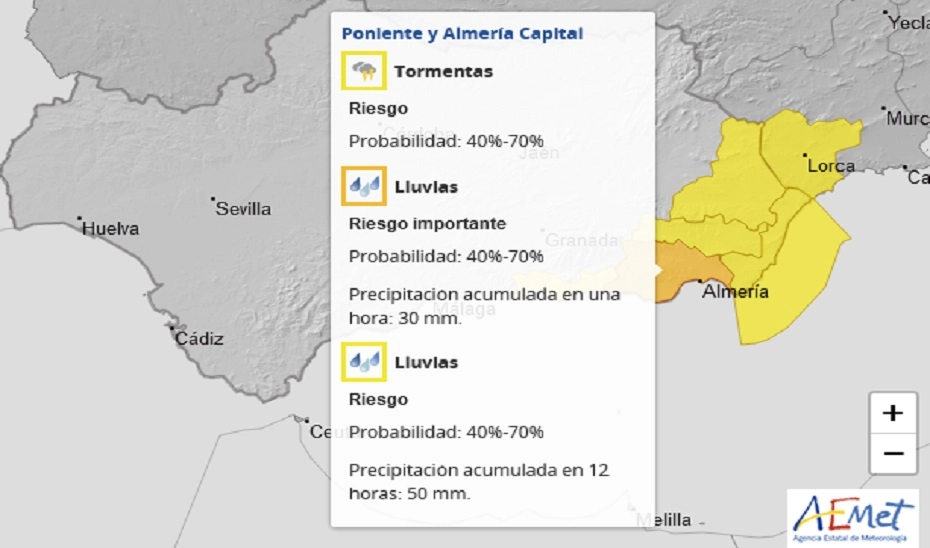 Imagen del artículo AEMET activa esta medianoche el aviso naranja por lluvias en Almería