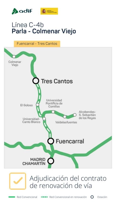 Imagen del artículo Transportes adjudica por 11,25 millones de euros la renovación de vía del tramo Fuencarral-Tres Cantos de la línea C-4