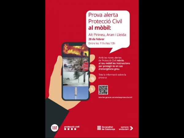 Imagen del artículo El 28 de febrer pel matí, tots els telèfons mòbils intel·ligents que es trobin a Lleida i a l'Alt Pirineu i Aran rebran un missatge de prova del sistema d'alertes de protecció civi