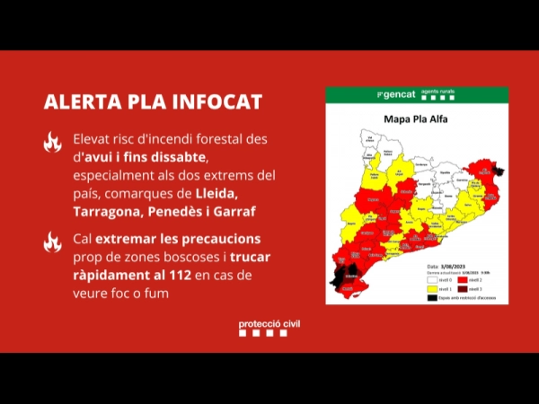 Imagen del artículo Protecció Civil activa en ALERTA el pla INFOCAT per l'elevat risc d'incendi forestal avui i els propers dies