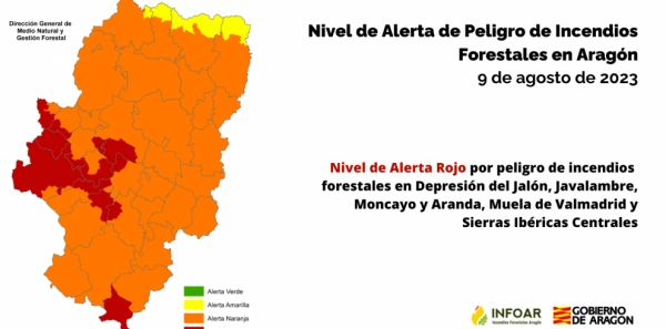 Imagen del artículo Nivel de alerta rojo por peligro de incendios forestales en depresión del Jalón, Javalambre, Moncayo, Aranda, muela de Valmadrid y sierras ibéricas centrales