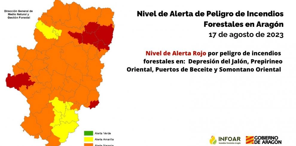 Imagen del artículo Nivel de Alerta Rojo por peligro de incendios forestales en Depresión del Jalón, Prepirineo y Somontano Oriental y Puertos de Beceite