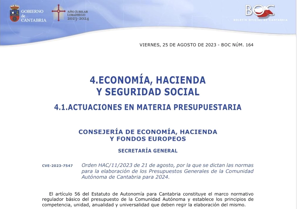 Imagen del artículo El Gobierno publica las normas para la elaboración de los Presupuestos Generales de Cantabria para 2024