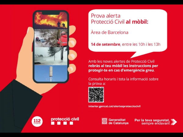 Imagen del artículo Dijous 14 de setembre s'enviarà un missatge de prova del sistema d'alertes de Protecció Civil a tots els telèfons mòbils de la demarcació de Barcelona