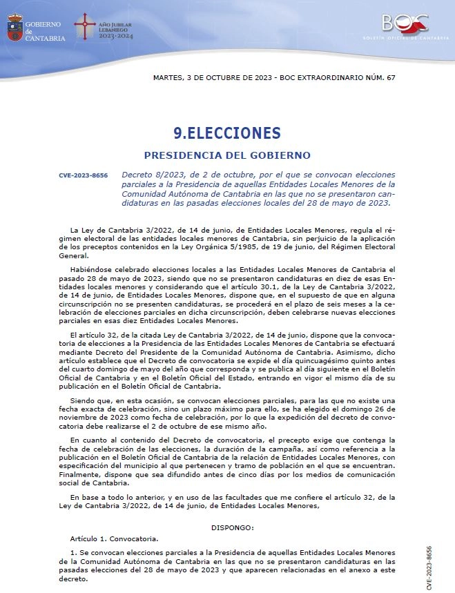 Imagen del artículo Convocadas para el 26 de noviembre elecciones en 10 entidades locales menores de Cantabria