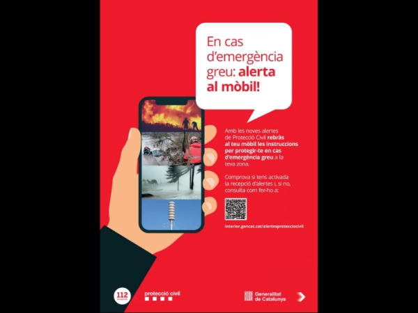 Imagen del artículo Demà pel matí s'enviarà un missatge de prova del sistema d'alertes de Protecció Civil a tots els mòbils intel·ligents que es trobin a les vegueries de Girona i la Catalunya Central