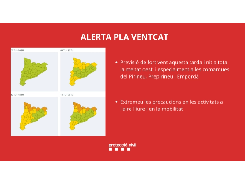 Imagen del artículo Protecció Civil activa en ALERTA el pla VENTCAT per fortes ratxes de vent sobretot en zones de muntanya i a l'Empordà